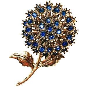 VTG Mid Century Brooch Blue Rhinestone Gold Tone Layered Floral Pin 1950s